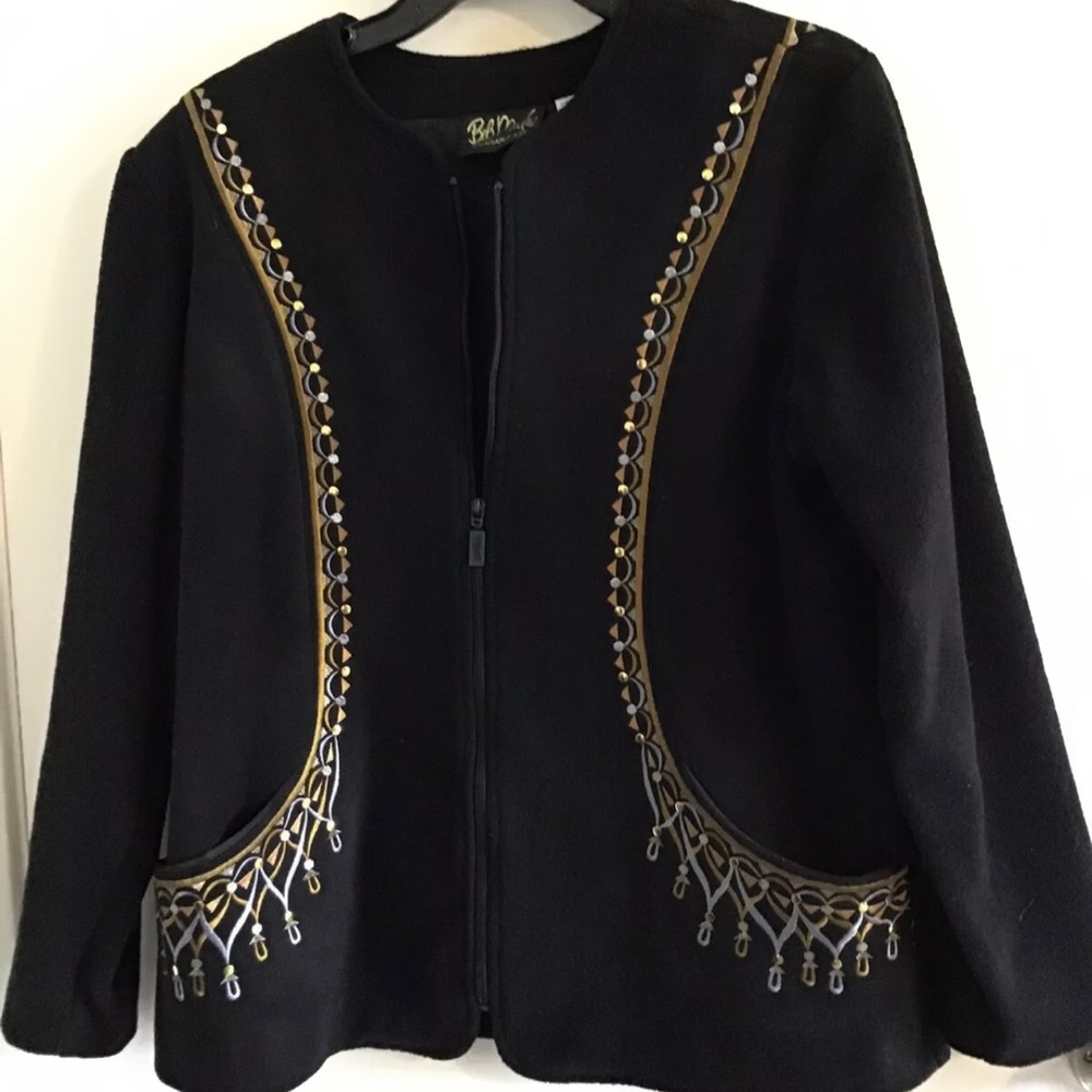 Bob Mackie 1X embroidered & studded zip front fleece Black Jacket